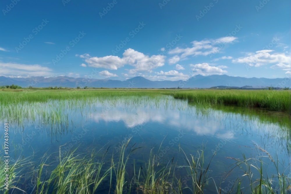 Tranquil landscape with green field, pond, mountains, and clear blue sky reflecting in still water, evoking peace and serenity. Tranquil landscape with green field, pond, mountains, and clear blue sky reflecting in still water, evoking peace and serenity.