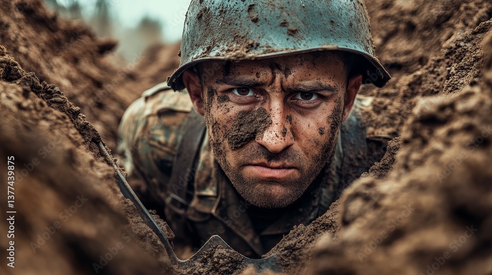 Fototapeta premium Determined caucasian adult male soldier in muddy trench during battle