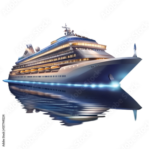 Luxury cruise ship with multiple decks and bright lights, isolated on transparent background