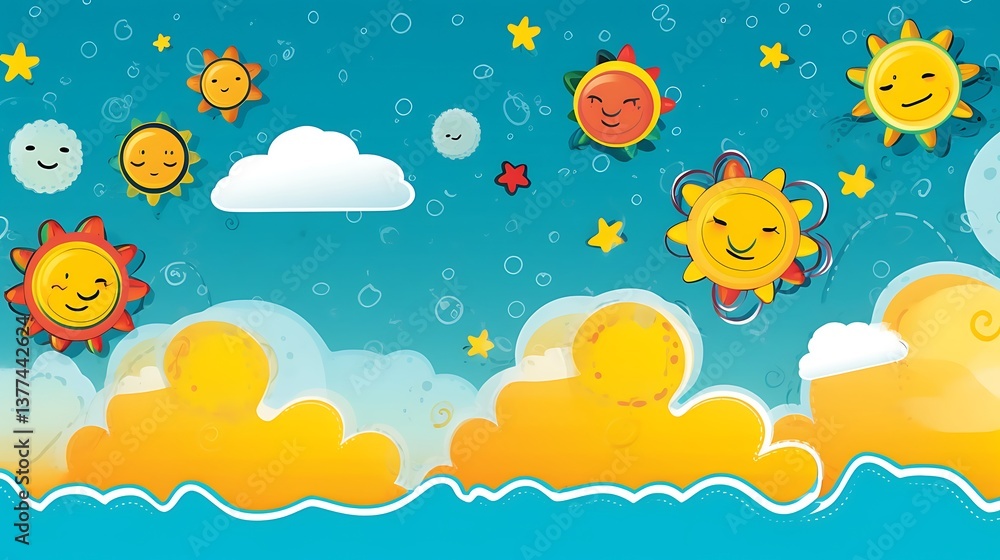 Happy Smiling Suns and Clouds in a Blue Sky Happy Smiling Suns and Clouds in a Blue Sky