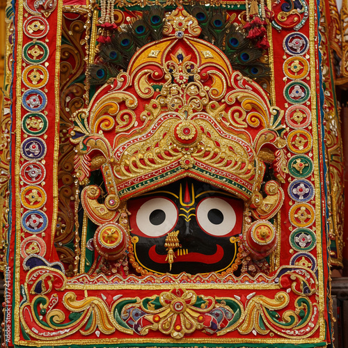 Wallpaper Mural Detailed View of the Ornate Face and Decoration of Lord Jagannath Idol on Chariot

 Torontodigital.ca