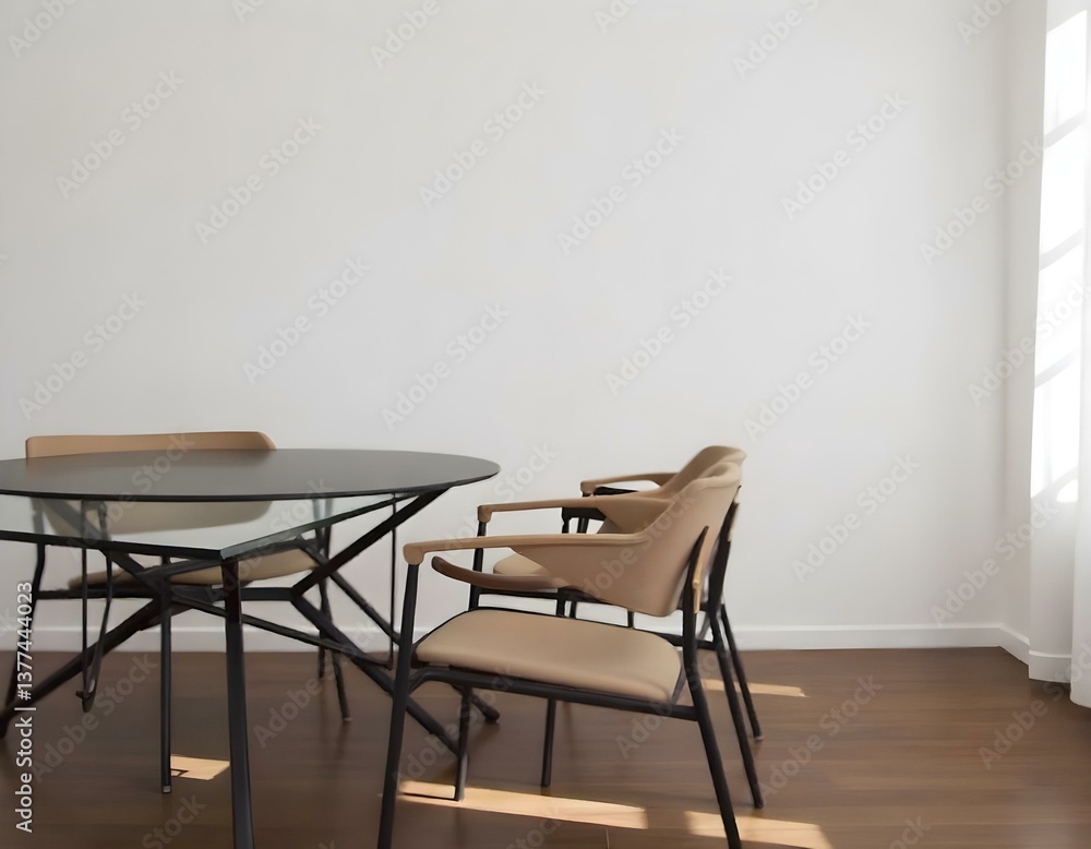 A dining room with a glass table and four chairs, the floor is made of wood , the wall is white , sunlight is coming through the window A dining room with a glass table and four chairs, the floor is made of wood , the wall is white , sunlight is coming through the window