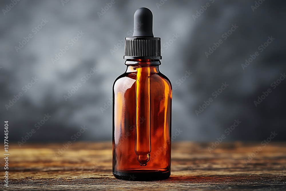Amber bottle with dropper, and wood table. Amber bottle with dropper, and wood table.
