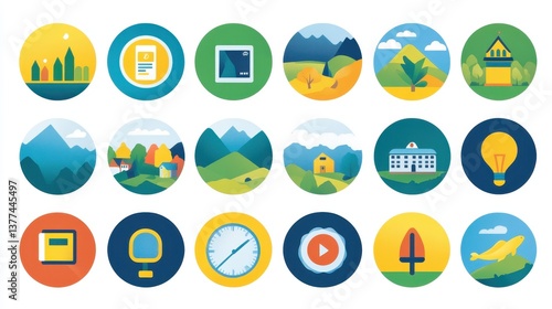 A diverse collection of flat design icons showcasing various building types, including residential homes, office skyscrapers, schools, and hospitals, all in vibrant colors and clean lines.