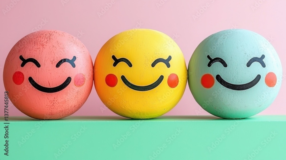Three fun and whimsical eggs with unique faces painted on them representing customer satisfaction journey map Three fun and whimsical eggs with unique faces painted on them representing customer satisfaction journey map