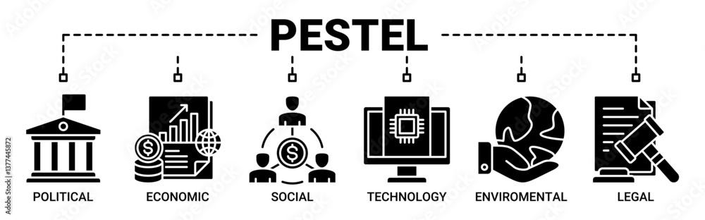 Pestel banner web icon vector illustration concept with icons solid black color symbol background. Pestel banner web icon vector illustration concept with icons solid black color symbol background.