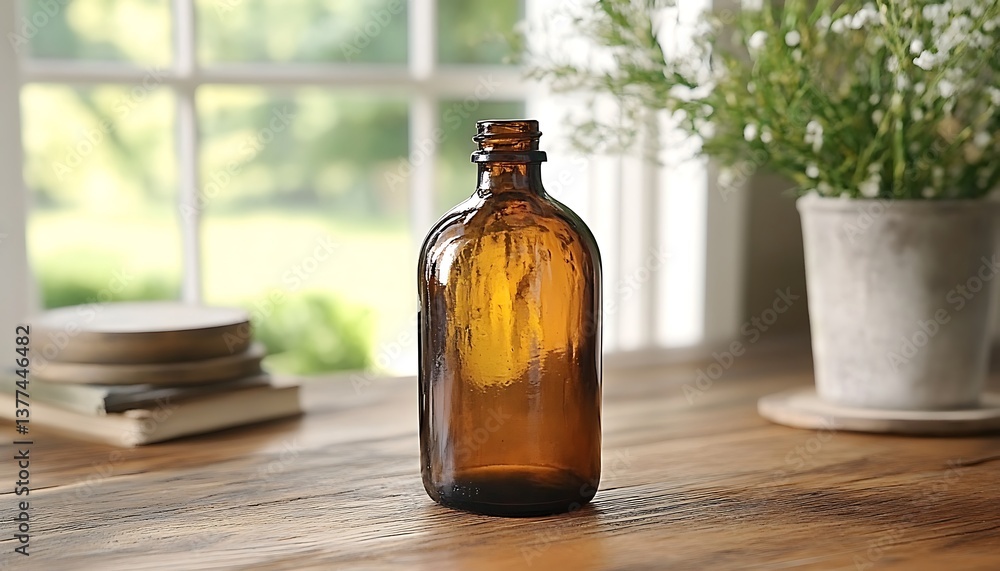 Amber bottle with wooden table, and window.
