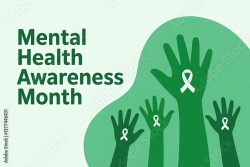 Illustrated green hands with ribbons symbolizing Mental Health Awareness Month.