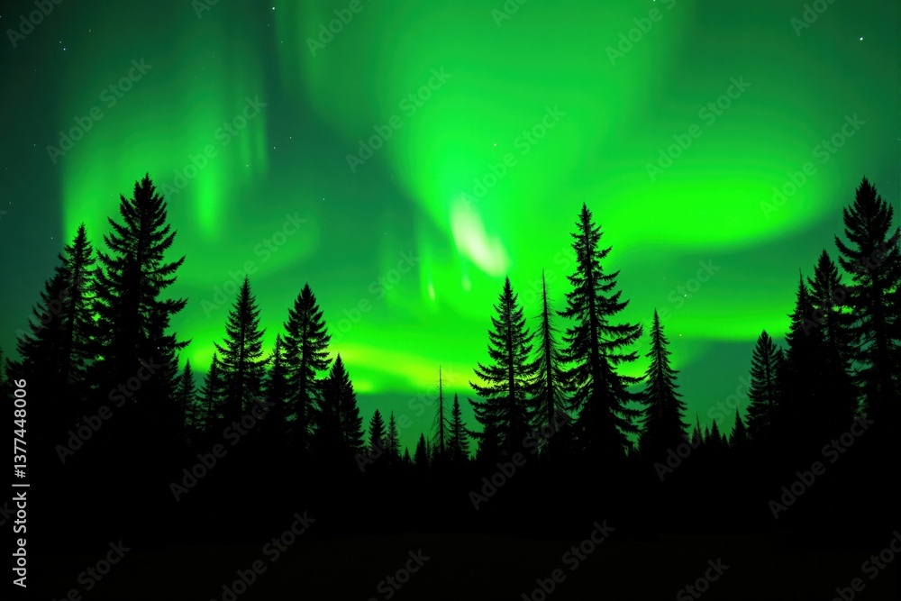 Breathtaking Northern Lights Emanating a Green Glow Over a Dense Pine Forest Under a Starry Night Sky Breathtaking Northern Lights Emanating a Green Glow Over a Dense Pine Forest Under a Starry Night Sky