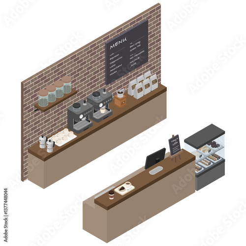 アイソメトリックイラスト：カフェカウンター