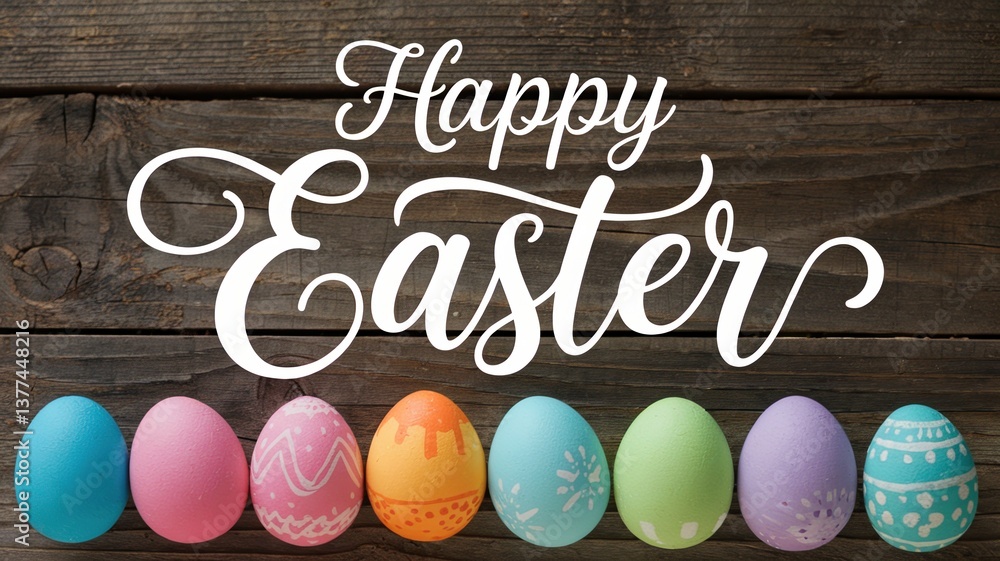 Obraz premium Colorful Easter eggs lined up on wooden surface below 'Happy Easter' text in elegant script.