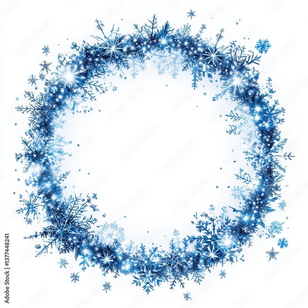 Obraz premium A beautifully crafted wreath adorned with delicate blue snowflakes and shimmering stars, creating a winter wonderland effect. Perfect for festive decor, it exudes a serene, icy charm.
