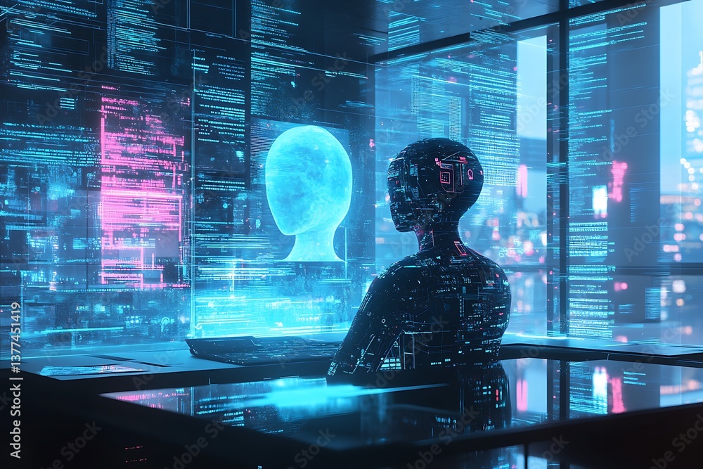 3D Holographic AI Assistant Floating Above a Futuristic Interface. 3D Holographic AI Assistant Floating Above a Futuristic Interface.