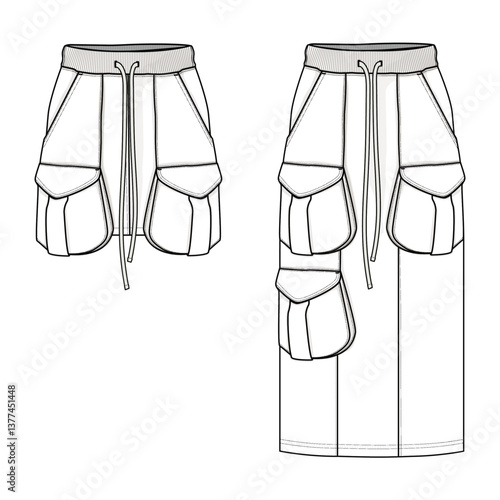 CARGO SKIRTS. Cargo Mini Skirt. Cargo Maxi Skirt. Vector template ai file