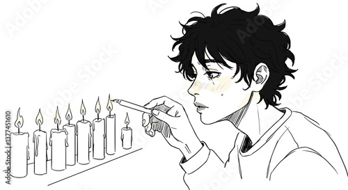 Young man contemplating while lighting candles in a thoughtful atmosphere  