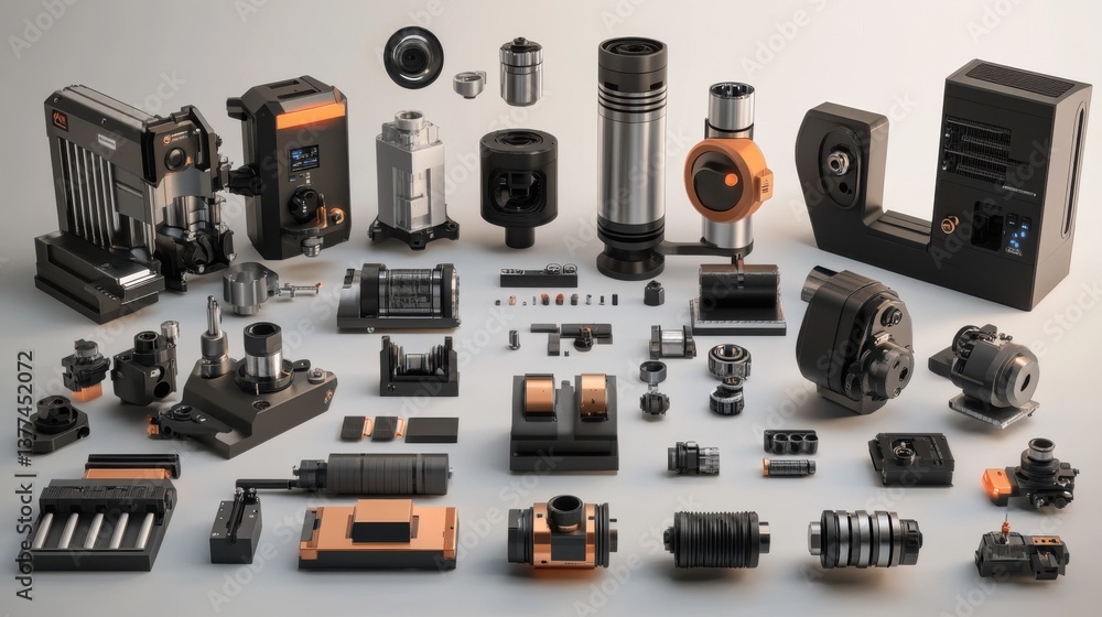 Variety of industrial automation components representing advanced manufacturing technology Variety of industrial automation components representing advanced manufacturing technology