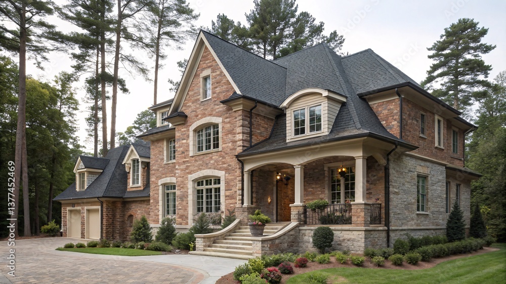 Elegant Suburban Home with Brick Facade and Tranquil Landscaping Elegant Suburban Home with Brick Facade and Tranquil Landscaping