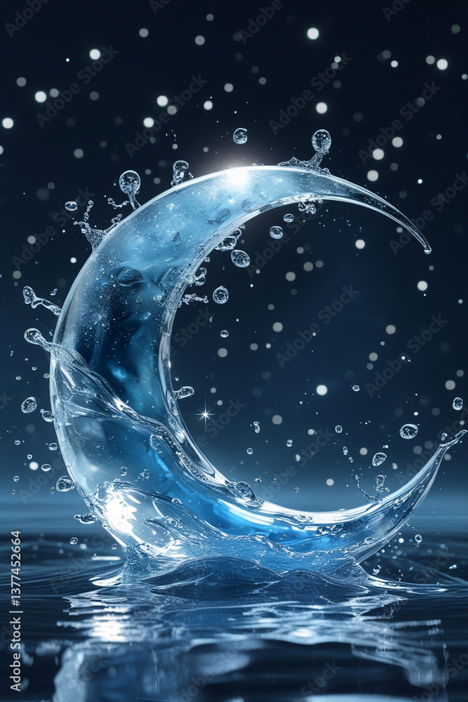 custom made wallpaper toronto digitalA stunning digital illustration of a crescent moon entirely made of flowing, crystal-clear water.