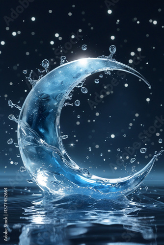 Wallpaper Mural A stunning digital illustration of a crescent moon entirely made of flowing, crystal-clear water. Torontodigital.ca