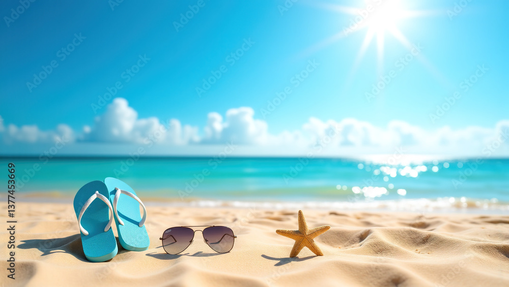 Obraz premium Beach Vacation Vibe: A Summer Leisure Scene with Seastars, Sunglasses, and Flip Flops on the Sand