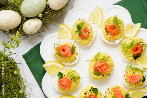 Easter deviled eggs with horseradish and smoked salmon..top veiw