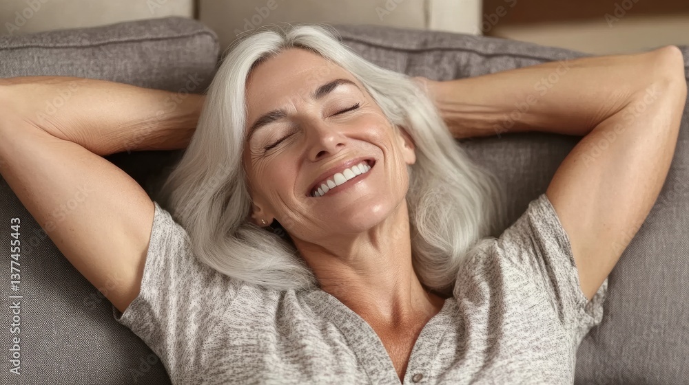 Fototapeta premium Smiling Senior Woman Relaxing on a Gray Sofa