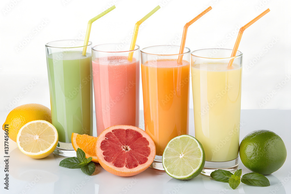 Four Citrus Juices with Fruits Isolated Four Citrus Juices with Fruits Isolated