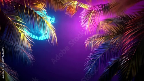 Wallpaper Mural Colorful neon lights illuminate tropical palms at night in a vibrant beach paradise Torontodigital.ca
