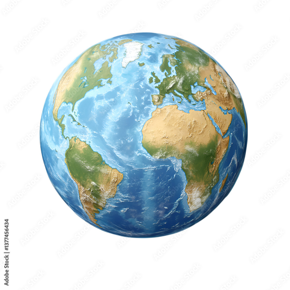 Fototapeta premium Realistic 3D globe with highlighted continents, isolated on transparent background