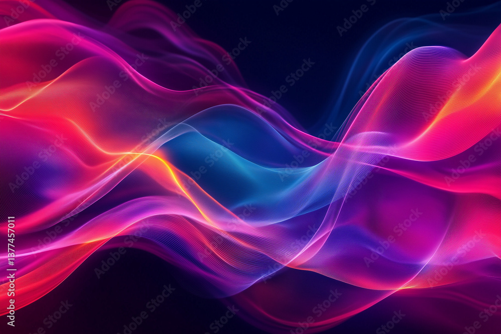 Fototapeta premium Flowing waveforms in vibrant color transitions of red, blue, and magenta. Ideal for streaming platforms or digital audio brands