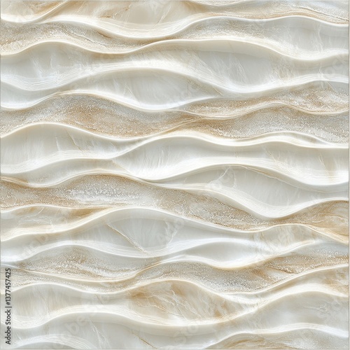 An elegant white and gold wallpaper featuring intricate wave patterns, creating a luxurious and sophisticated ambiance. The shimmering gold accents catch the light beautifully, enhancing any space.