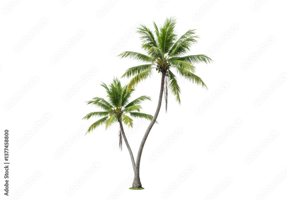 Obraz premium Two elegant palm trees with lush fronds, symbolizing calm and tropical serenity on png transparent background