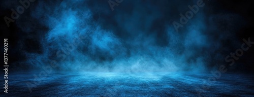 Abstract dark background, illuminated with blue light and fog on the asphalt floor. Empty scene for product presentation