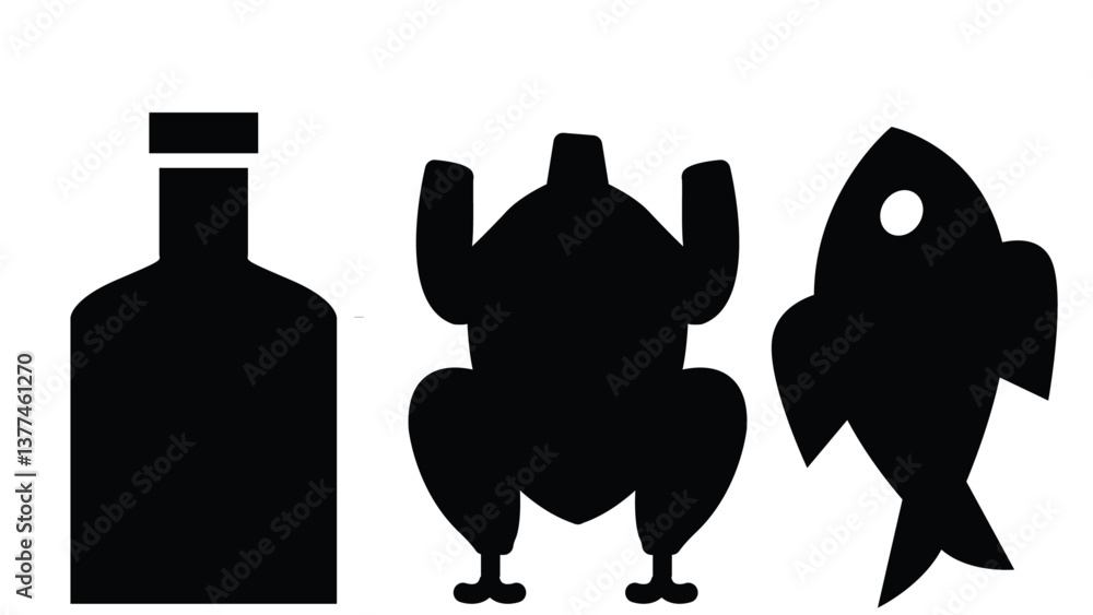 Food and Drink Icons Bottle, Chicken, Fish , Assorted Meal Icons Beverage, Poultry, Seafood , Food Symbol Set Drink, Meat, Fish Silhouettes Food and Drink Icons Bottle, Chicken, Fish , Assorted Meal Icons Beverage, Poultry, Seafood , Food Symbol Set Drink, Meat, Fish Silhouettes
