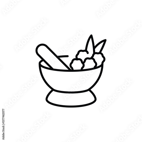Mortar and pestle icon with herbs in line art style. Minimalist black outline symbol of herbal medicine, spices, or natural ingredients. Vector illustration