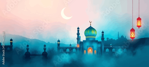 Ramadan Kareem: Arabic Lantern with Crescent Moon, Glowing Candle, and Defocused Mosque at Sunset.