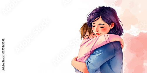 A Single Mother's Tender Embrace of Her Newborn – A Beautiful Parenting Moment in Watercolor Style.