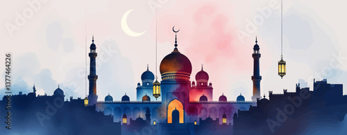 Ramadan Kareem: Arabic Lantern with Crescent Moon, Glowing Candle, and Defocused Mosque at Sunset.	