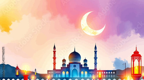 Ramadan Kareem: Arabic Lantern with Crescent Moon, Glowing Candle, and Defocused Mosque at Sunset.	