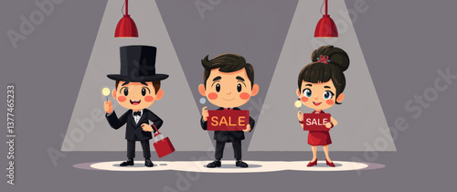 Social Media Promotion & Advertising: Characters Using to Announce Sales – Flat Cartoon Vector Illustration