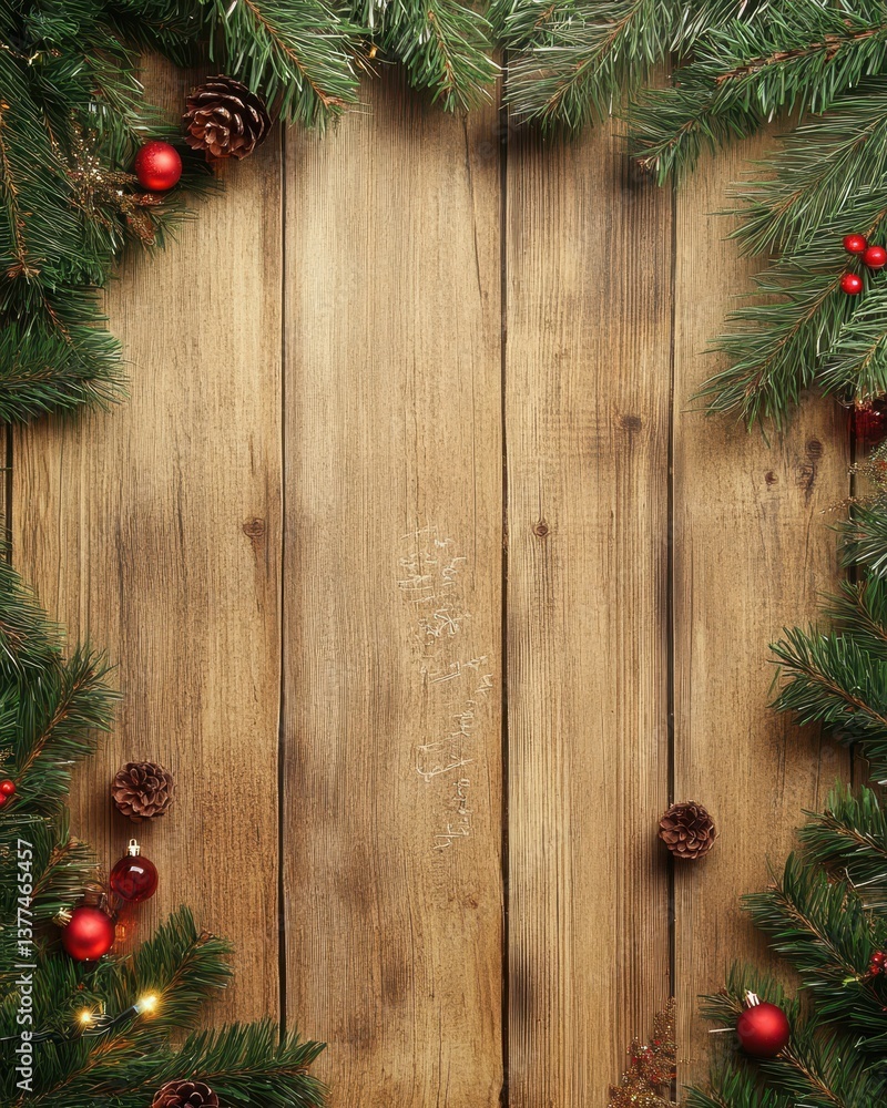 A rustic wooden background adorned with vibrant Christmas decorations, including colorful ornaments, twinkling lights, and lush pine branches, creating a festive and cozy atmosphere. A rustic wooden background adorned with vibrant Christmas decorations, including colorful ornaments, twinkling lights, and lush pine branches, creating a festive and cozy atmosphere.