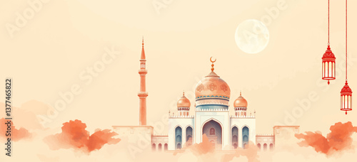 Ramadan Kareem with Golden Mosque and Leaf Pattern on Elegant Background – Eid Mubarak Greeting Design.	

