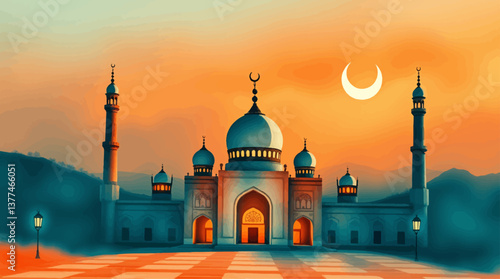 Ramadan Kareem: Arabic Lantern with Crescent Moon, Glowing Candle, and Defocused Mosque at Sunset.	