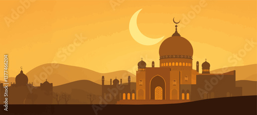 Ramadan Kareem: Arabic Lantern with Crescent Moon, Glowing Candle, and Defocused Mosque at Sunset.	