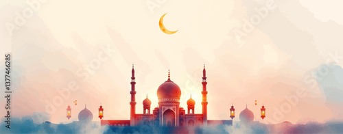 Ramadan Kareem with Golden Mosque and Leaf Pattern on Elegant Background – Eid Mubarak Greeting Design	
