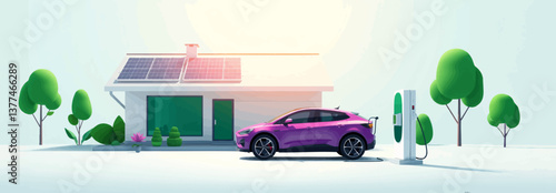 Modern House with Solar Panels on the Roof and Electric Cars Charging – 3D Rendering	