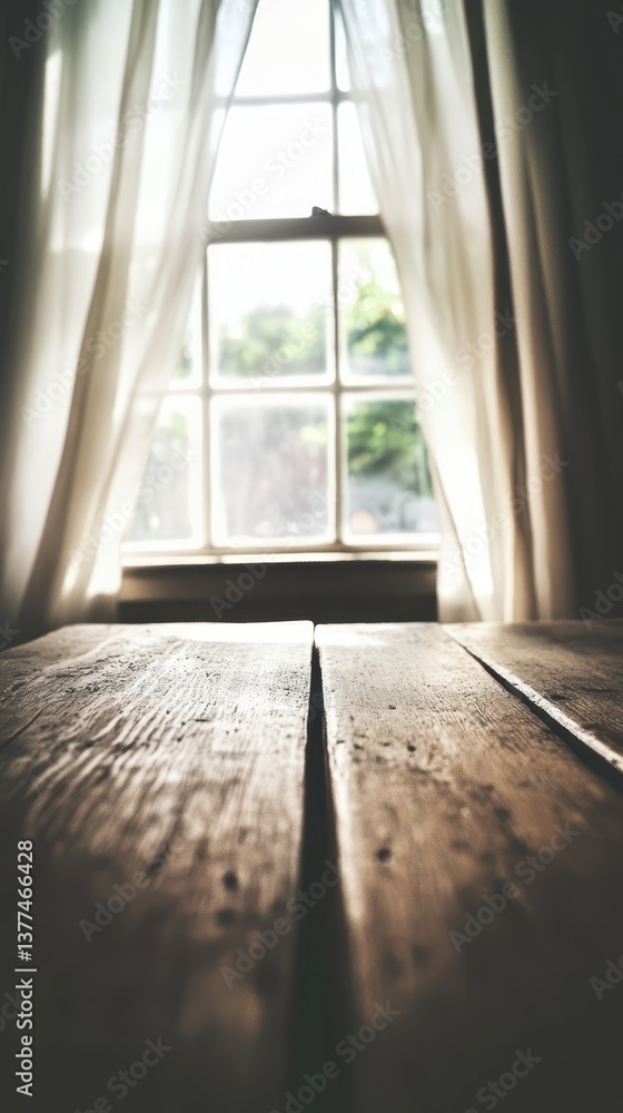 A rustic wooden table, featuring a rich grain and natural finish, sits in the foreground, while a large window in the background allows soft, natural light to illuminate the space. A rustic wooden table, featuring a rich grain and natural finish, sits in the foreground, while a large window in the background allows soft, natural light to illuminate the space.