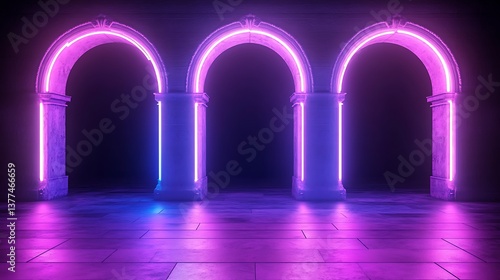 Three neon lit archways and columns illuminated with vibrant colors