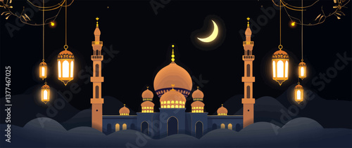 Ramadan Kareem with Golden Mosque and Leaf Pattern on Elegant Background – Eid Mubarak Greeting Design.	
