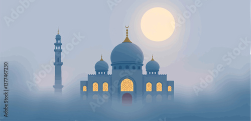 Ramadan Kareem with Golden Mosque and Leaf Pattern on Elegant Background – Eid Mubarak Greeting Design.	
